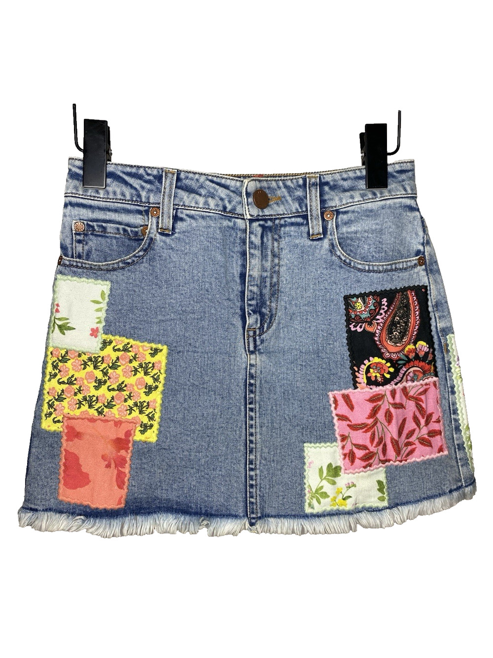 ALICE + OLIVIA JEANS Good High-Rise Mini Skirt Patchwork Denim Women's 24 Boho